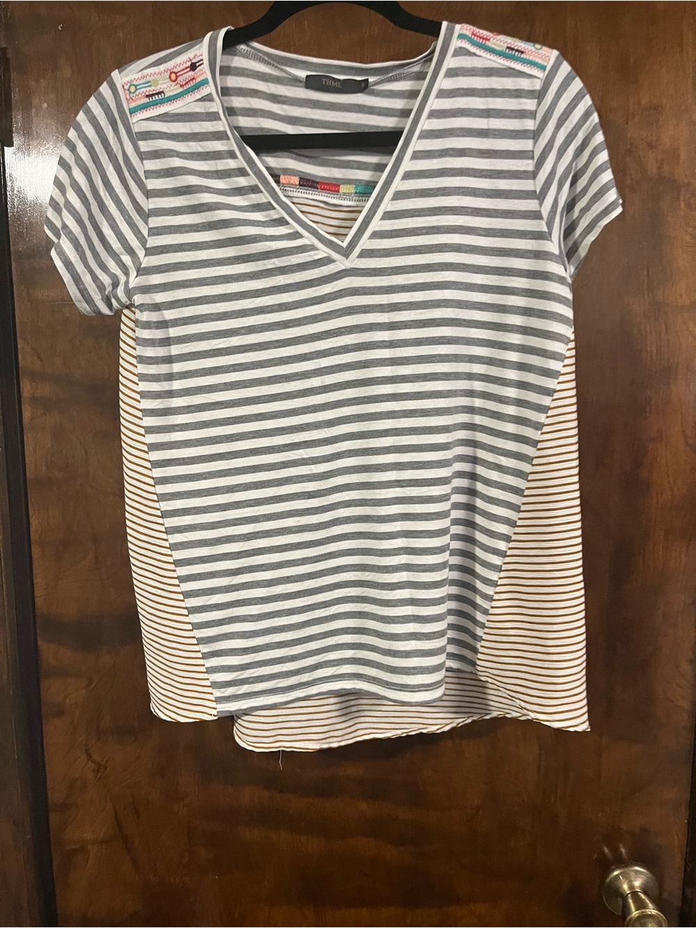⭐️ 2/$20 THML Gray, White and Mustard Striped V-Neck Tee